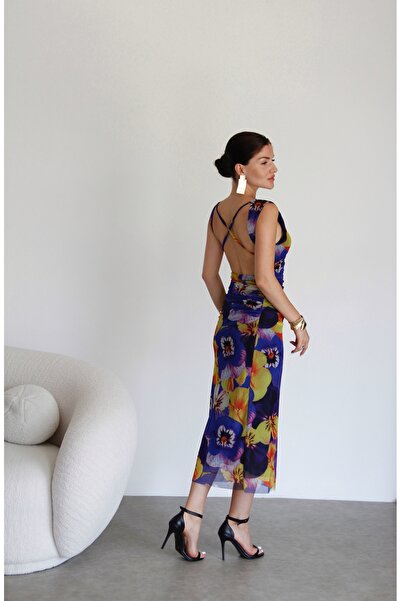 Julidress Julidress Çiçek Desenli Sırt Dekolteli Astarlı Yazlık Premium Tül Elbise Elbise