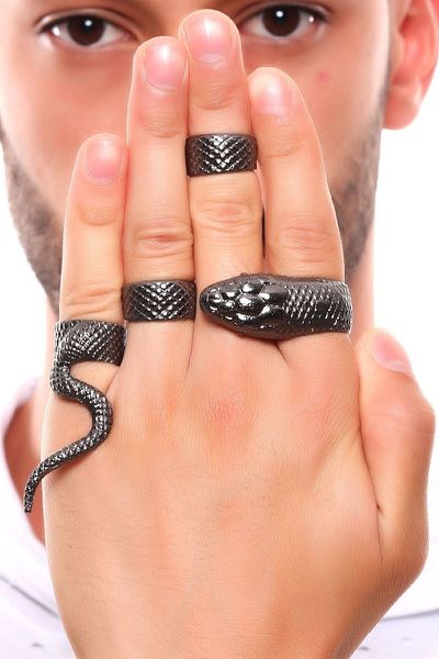 LABALABA Men's Metallic Anthracite Lacquer Plated Adjustable 4-Piece Snake Ring Set