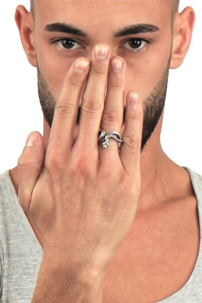 LABALABA Erkek Antik Gümüş Kaplama Dolama Model Kabartma Baskılı Yılan Formlu Yüzük