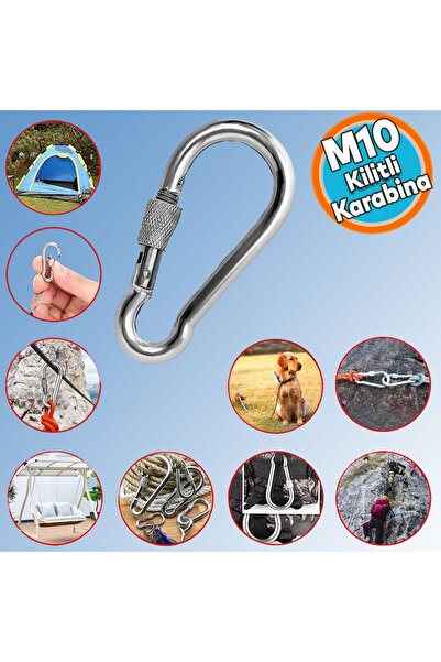 NZB Kilitli 10 MM Karabina Yaylı Kanca Paslanmaz Çelik Kilit Tırmanma Dağcılı...