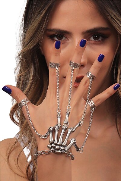 LABALABA Kadın Antik Gümüş Kaplama Iskelet Eli Tasarım El Yapımı Ayarlanabilir Yüzüklü El Şahmeranı