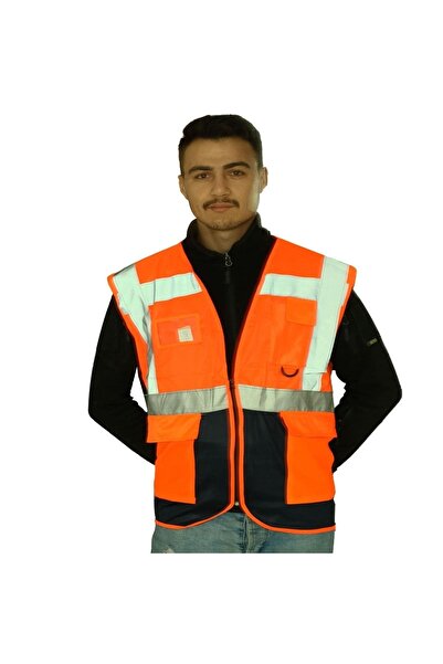NZB سترة تحذير من النوع الهندسي مع جيوب وسترة أمان بسحاب برتقالي