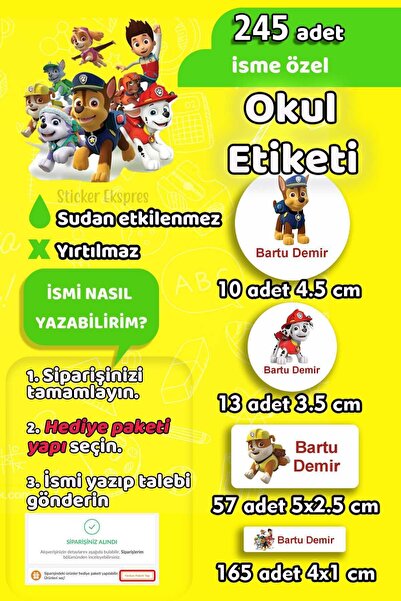 Sticker Ekspres Okul Etiketi Paw Patrol Kalem Defter Etiketi Özel İsim Yazıla...