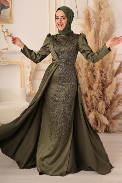 Modamartı فستان سهرة على شكل نجمة - فستان سهرة حجاب على شكل سمكة مرصعة بالأحجار