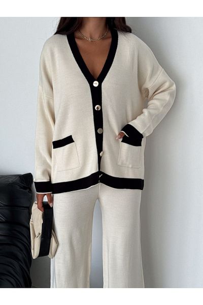 lovebox V-Neck Metal Buttoned Knitwear Cardigan and Trousers Set - Stylish Design 002