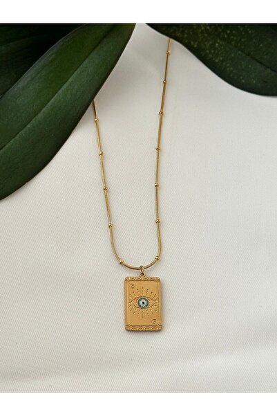 Brillo قلادة من الفولاذ 316L بتصميم عين التاروت مع لوح ذهبي مستطيل الشكل