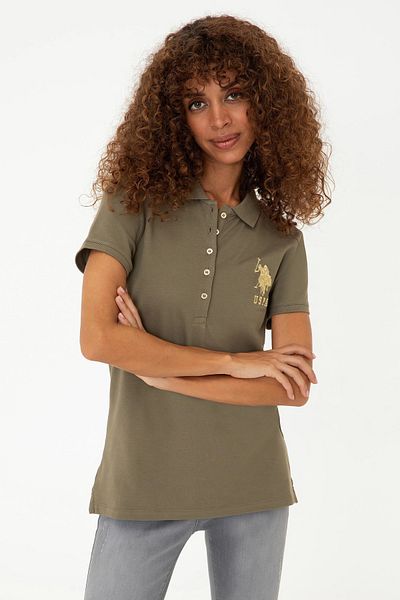 U.S. Polo Assn. Tricou de bază cu gât polo pentru femei de culoare kaki