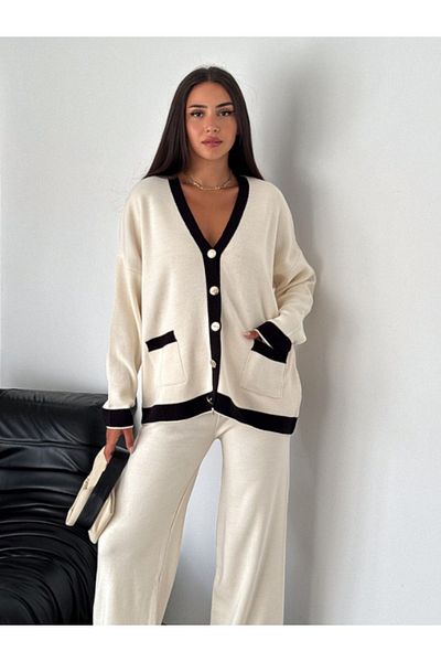 lovebox V-Neck Metal Buttoned Knitwear Cardigan and Trousers Set - Stylish Design 002