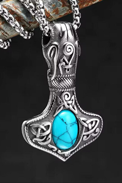 Jaida Moda Unisex Turkuaz Taşlı Viking Mjolnir Thor Çekici Çelik Kolye