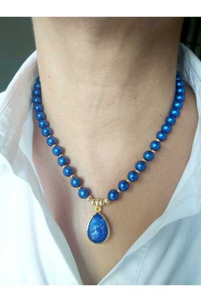 DEVİ fashion Saks Mavisi Damla Uçlu Özel Tasarım Modern İnci Kolye