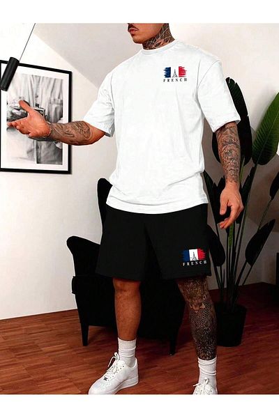 DAXİS Sportwear Company Men's Printed Crew Neck Oversize T-shirt & Shorts Top and Bottom Set