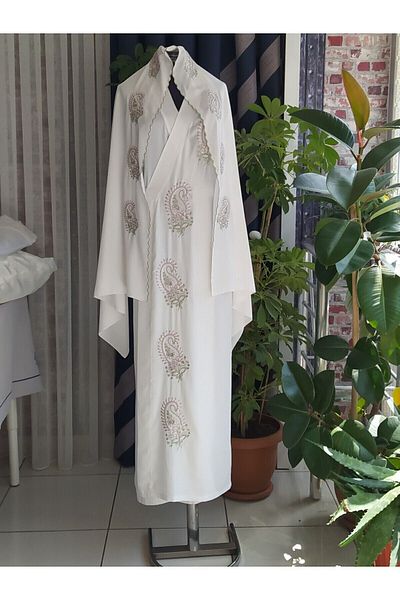 Misue Handmade Medina Silk Embroidered Tied Prayer Dress+Shawl, Silk Morning Gowns, Dowry Prayer Dress & Morning Gowns