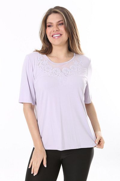 Şans Women's Large Size Lilac Collar Detailed Short Sleeve Blouse 65N37852