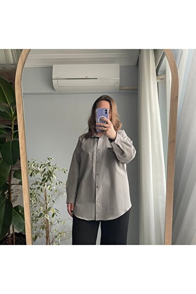 Butik Poplin Gömlek-Cep Detaylı-GRİ