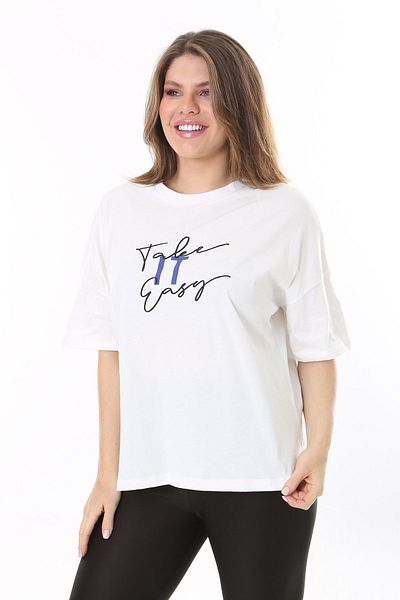 Şans Women's Large Size White Cotton Fabric Front Embroidered Short Sleeve Blouse 65N37855