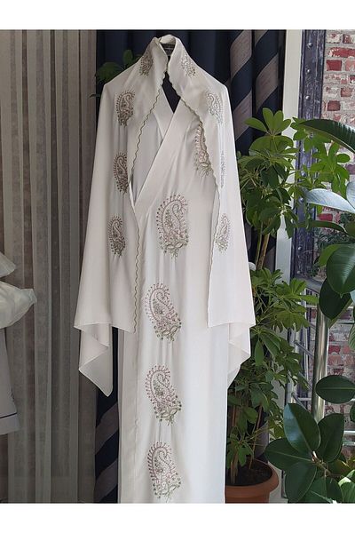 Misue Handmade Medina Silk Embroidered Tied Prayer Dress+Shawl, Silk Morning Gowns, Dowry Prayer Dress & Morning Gowns
