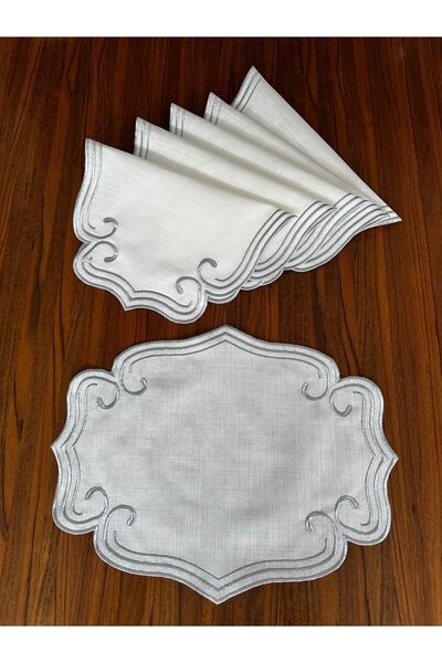 NURHAN HOME COLLECTION 6 Τεμάχια Σγουρό Μοντέλο Ασημένιο Κεντημένο Αμερικάνικο Σέρβις