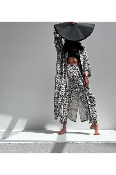 HANGOUT Uzun Kimono - Black Ethnic, Flam Keten