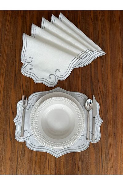 NURHAN HOME COLLECTION Încărcător american de serviciu 6 bucăți model ondulat brodat argintiu