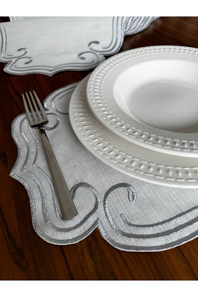 NURHAN HOME COLLECTION Încărcător american de serviciu 6 bucăți model ondulat brodat argintiu