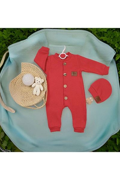 SuAy Baby Baby Girl-Boy Jumpsuit with Ribbed Fabric Buttoned Hat