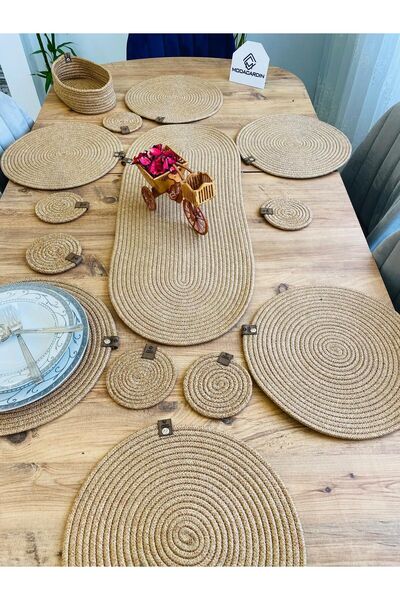 ModaCardin 14-Piece Jute Straw Placemat Set - Runner, Basket and Cup Holder