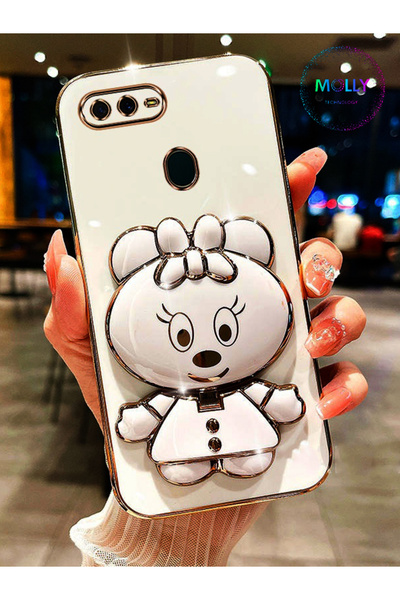 Molly Oppo AX7 İçin İnci Beyazı Minnie Standlı Kenarları Gold Detaylı Lüks Si...