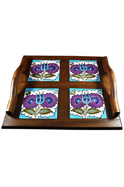 Çini Evi Tiled Wooden Tray - Flower Garden Design