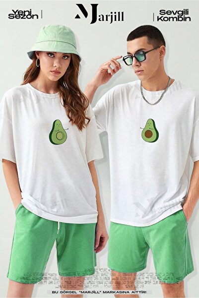 Marjill Set de 2 tricouri supradimensionate albe - Iubitor de design avocado, combinație de cuplu