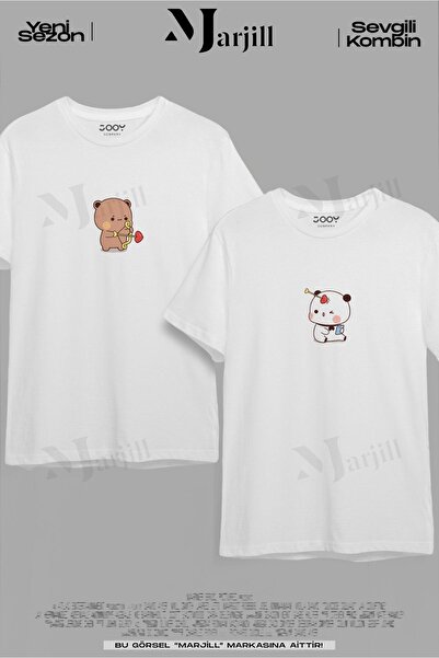 Marjill Λευκό υπερμεγέθη T-Shirt Couple Combination - Lover Teddy Bear Printed Set 2