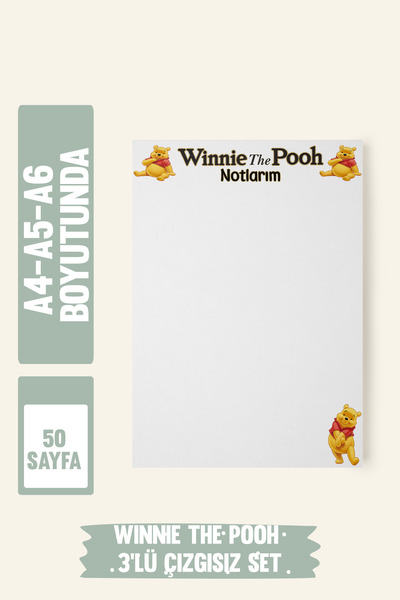 Srctech Winnie The Pooh Çizgisiz 3'lü Planlayıcı Not Defteri Set A4/a5/a6 Boyutunda