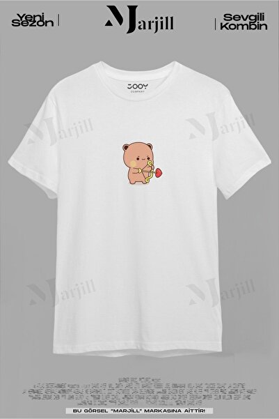 Marjill Λευκό υπερμεγέθη T-Shirt Couple Combination - Lover Teddy Bear Printed Set 2