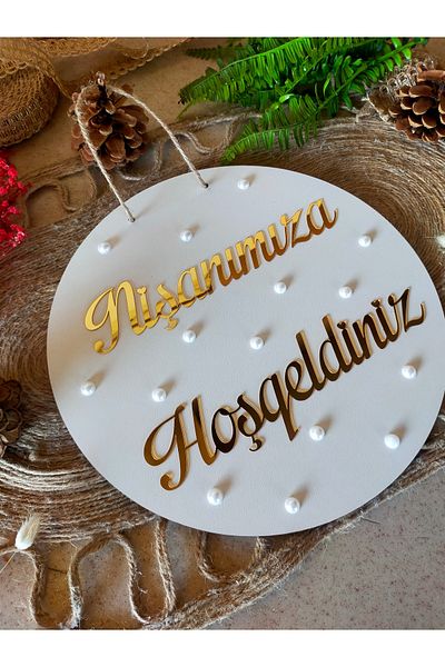 fabrikahşap Welcome Written Pearl - Our Engagement, Wedding and Promise Special Day Door Ornament