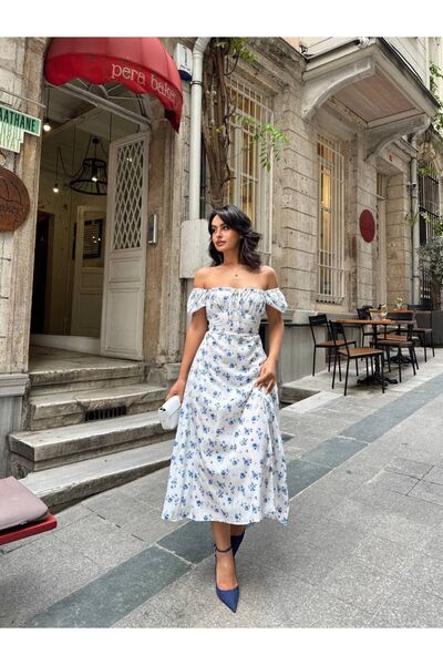 Julishop Beyaz Mavi Çiçek Desenli Göğüsten ve Sırttan Bağlamalı Astarlı Yırtm...