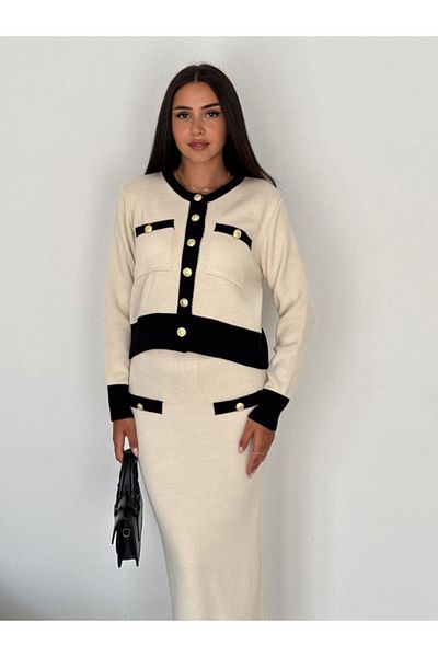 lovebox Knitwear Double Set - Metal Button Detailed 4 Pocket Cardigan and Midi Skirt Stylish Design 001