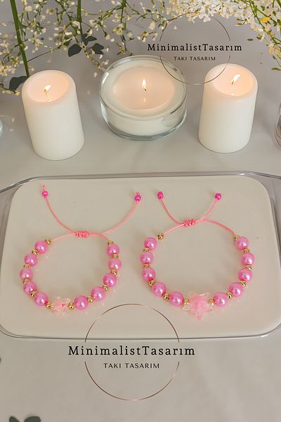 MinimalistTasarım Pink Bracelet with Stars for Girls and Mother Kids - Combination Model