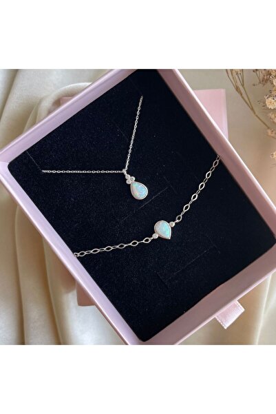 Lovera Jewellery 925 Ayar Gümüş Beyaz Opal Taşlı Damla Kadın Set (KOLYE,BİLEK...
