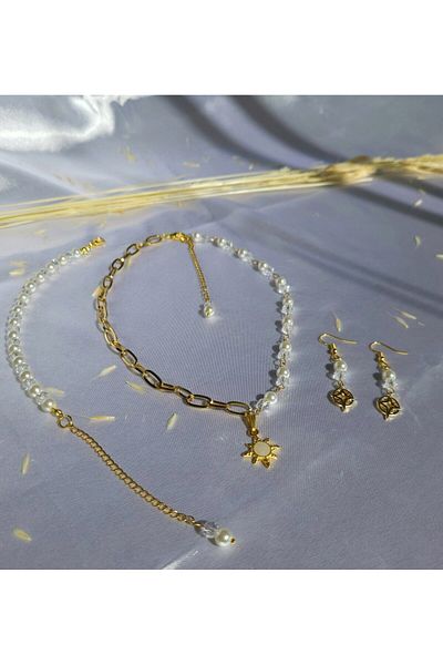 LE&DA Accessory Polar Star Ends, Steel Chains and Pearls; Necklace, Earring Bracelet Set