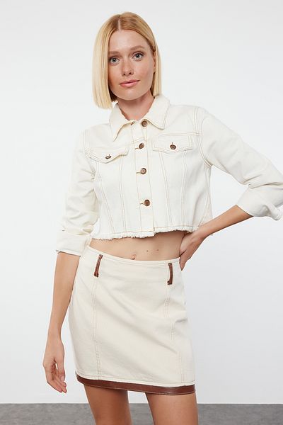 Trendyol Collection Detailní džínová mini sukně z ecru kůže - TWOAW25ET00040
