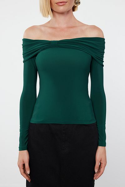 Trendyol Collection Flexible Knitted Blouse - Long Sleeve, Emerald Green, Drape Detail, Fitted TWOAW25BZ00018