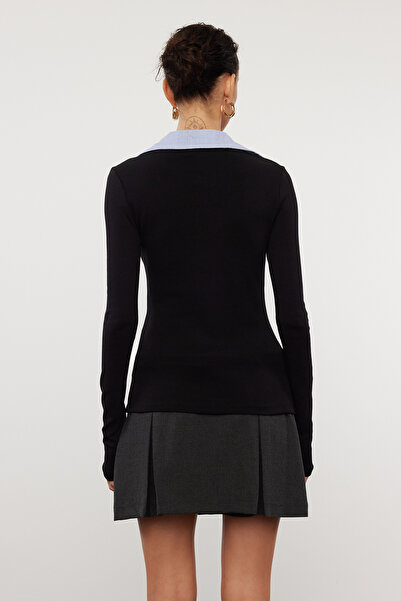 Trendyol Collection Black Woven Detailed Shirt Collar Regular/Regular Fit Knitted Blouse Twoaw25Bz00035