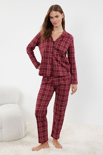 Kolekcia Trendyol Plaid Claret Red Pletená pyžamová súprava 100% bavlna - THMAW20PT0266