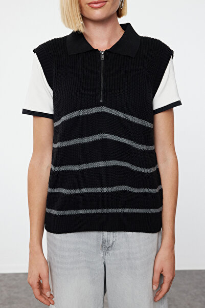Trendyol Collection Polo Collar Striped Knitwear Sweater - Zippered, Black Twoaw23Sv0007