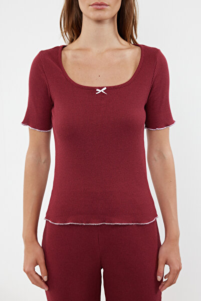 Trendyol Collection Sada klaretových červených bavlněných dětských žebrovaných pyžám - overlock a stuha podrobně THMAW25PT00027