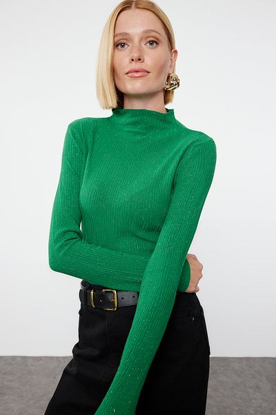Trendyol Collection Pulover verde premium cu guler vertical - fire speciale TWOAW25KZ00030
