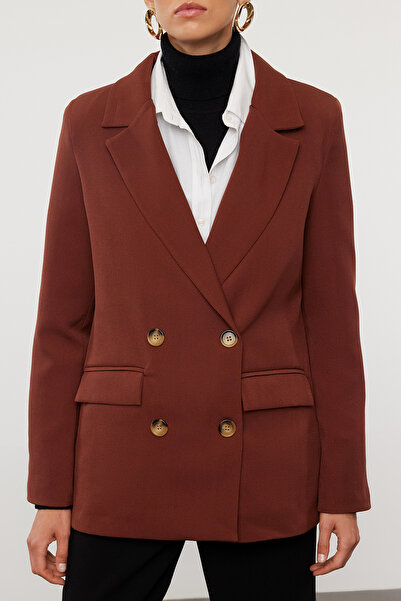 Trendyol Collection Tmavě hnědá dvouřadá blejzrová bunda - podšitá, tkaná, TWOAW21CE0264