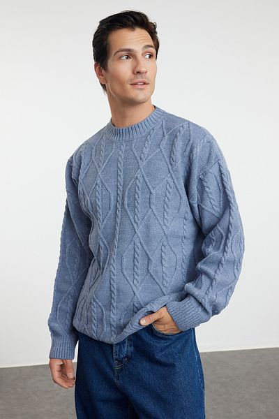 Trendyol Collection Blauer, übergroßer Strickpullover mit Rundhalsausschnitt TMNAW24KZ00003