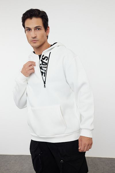 Trendyol Collection Oversize Ecru Fleecová mikina s kapucí - zip uvnitř Text tištěný Tmnaw25Sw00074