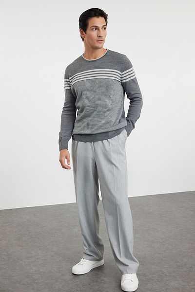 Trendyol Collection Πλεκτό πουλόβερ Anthracite Stripe Slim Fit - Crew Neck TMNAW20IY0001