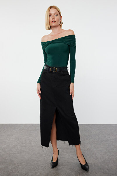 Trendyol Collection Ευέλικτη Πλεκτή Μπλούζα - Μακρύ μανίκι, Σμαραγδένιο Πράσινο, Λεπτομέρεια ντραπέ, Εφαρμοσμένη TWOAW25BZ00018